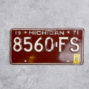 1971 Michigan License Plate 8560 FS Red White w 1972 Sticker Tag
